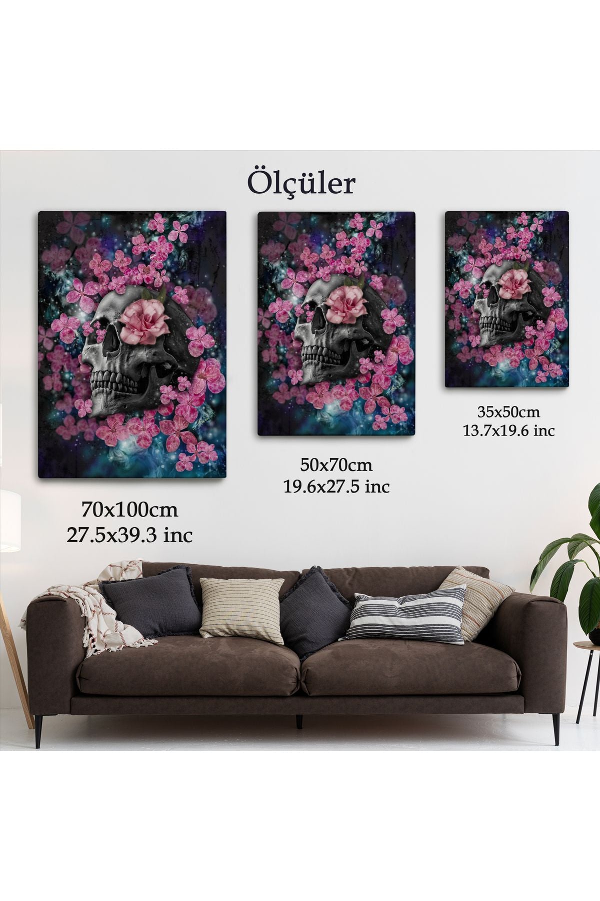 SZ KVS1-Dekoratif Duvar Tablosu-Pembe Çiçekler ve İskelet Kafa Kanvas Tablo 5234