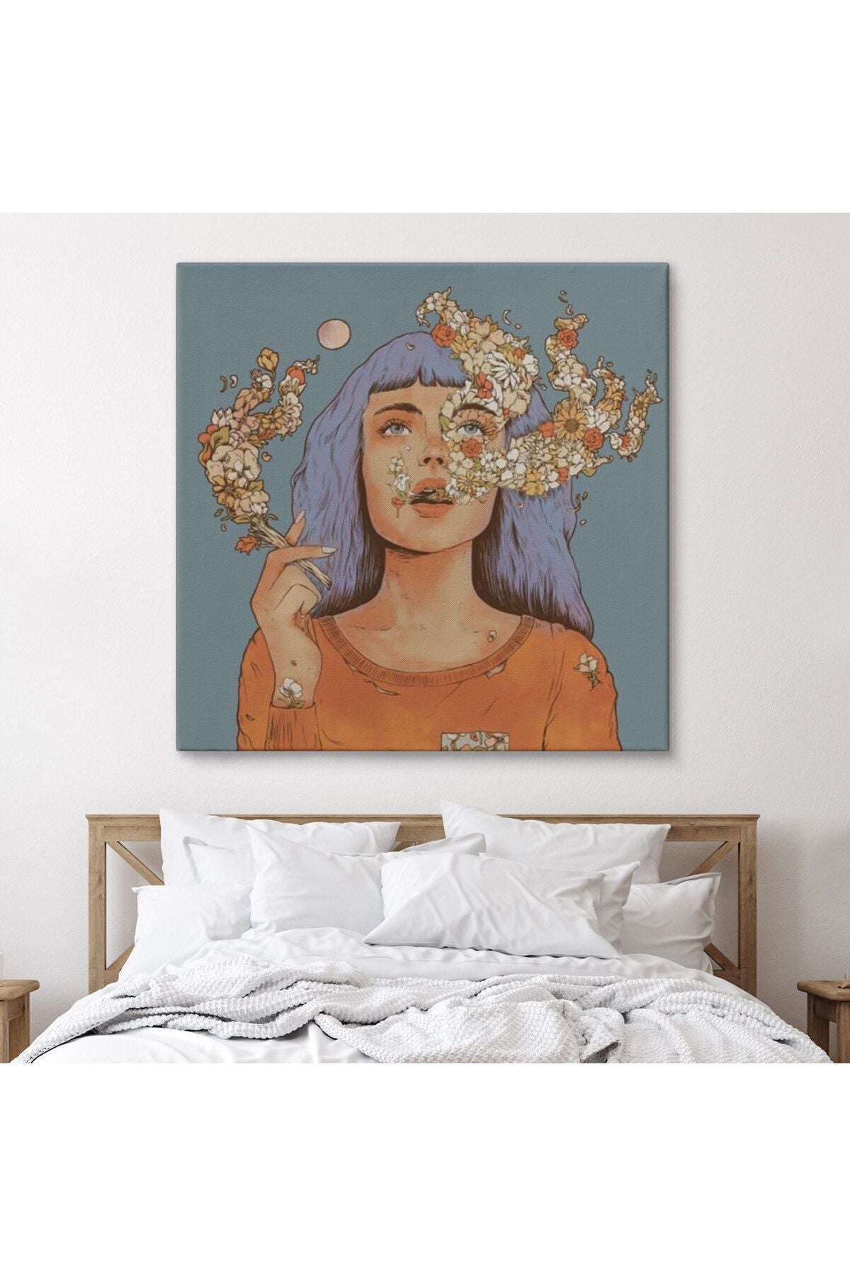 Sigara Içen Kadın Çiçek Detaylı Kanvas Tablo-5877