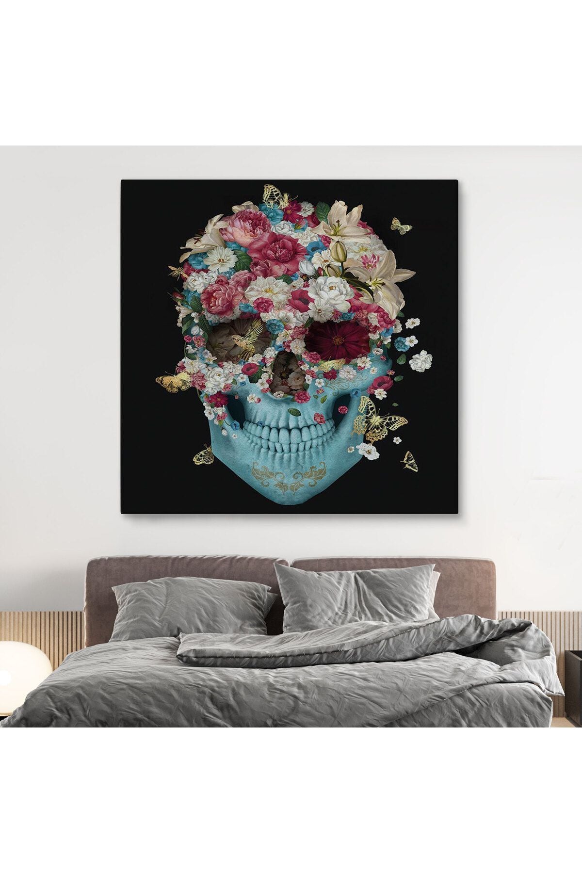 Renkli Çiçeklerle Kafatası Kanvas Tablo, Ölülerin Günü Baskıları, Şeker Kafatası-5332