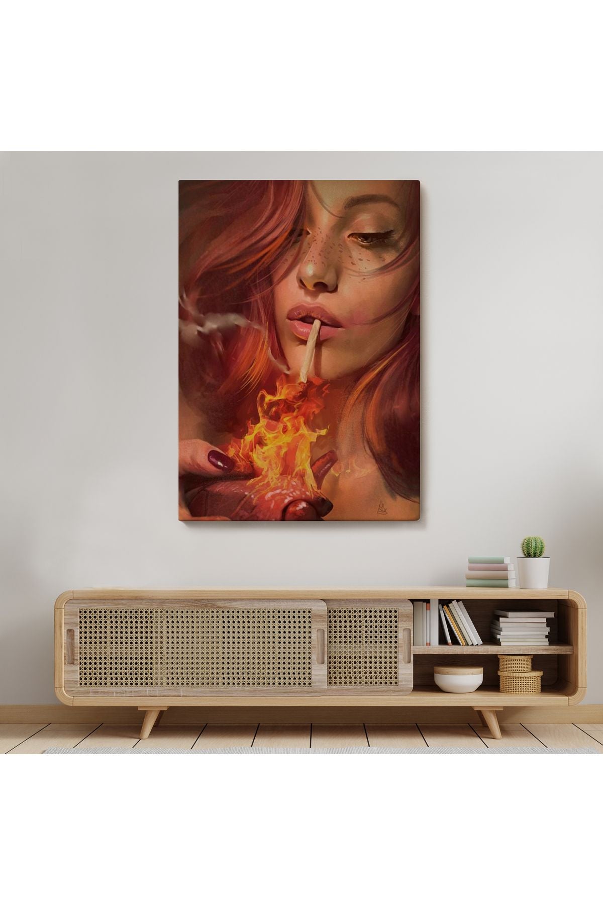 Platonik Aşkın Tavrı Sigarasını Yanan Bir Kalpten Yakan Kadın Kanvas Tablo-5247