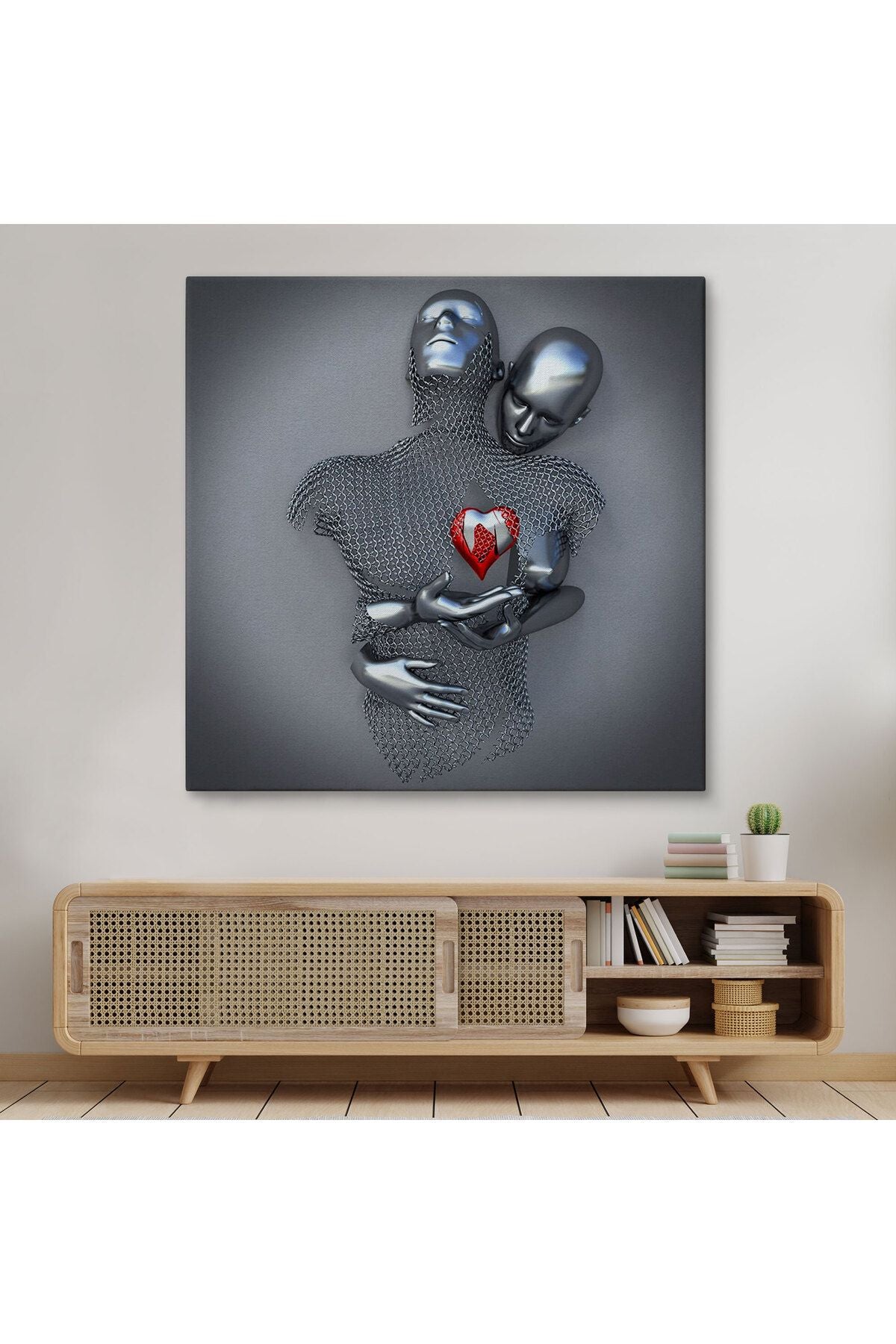 Aşk Sanatı, 3D Efekti Gümüş İnsan, Gri ve Gümüş Metalik Efektli Kanvas Tablo-5353