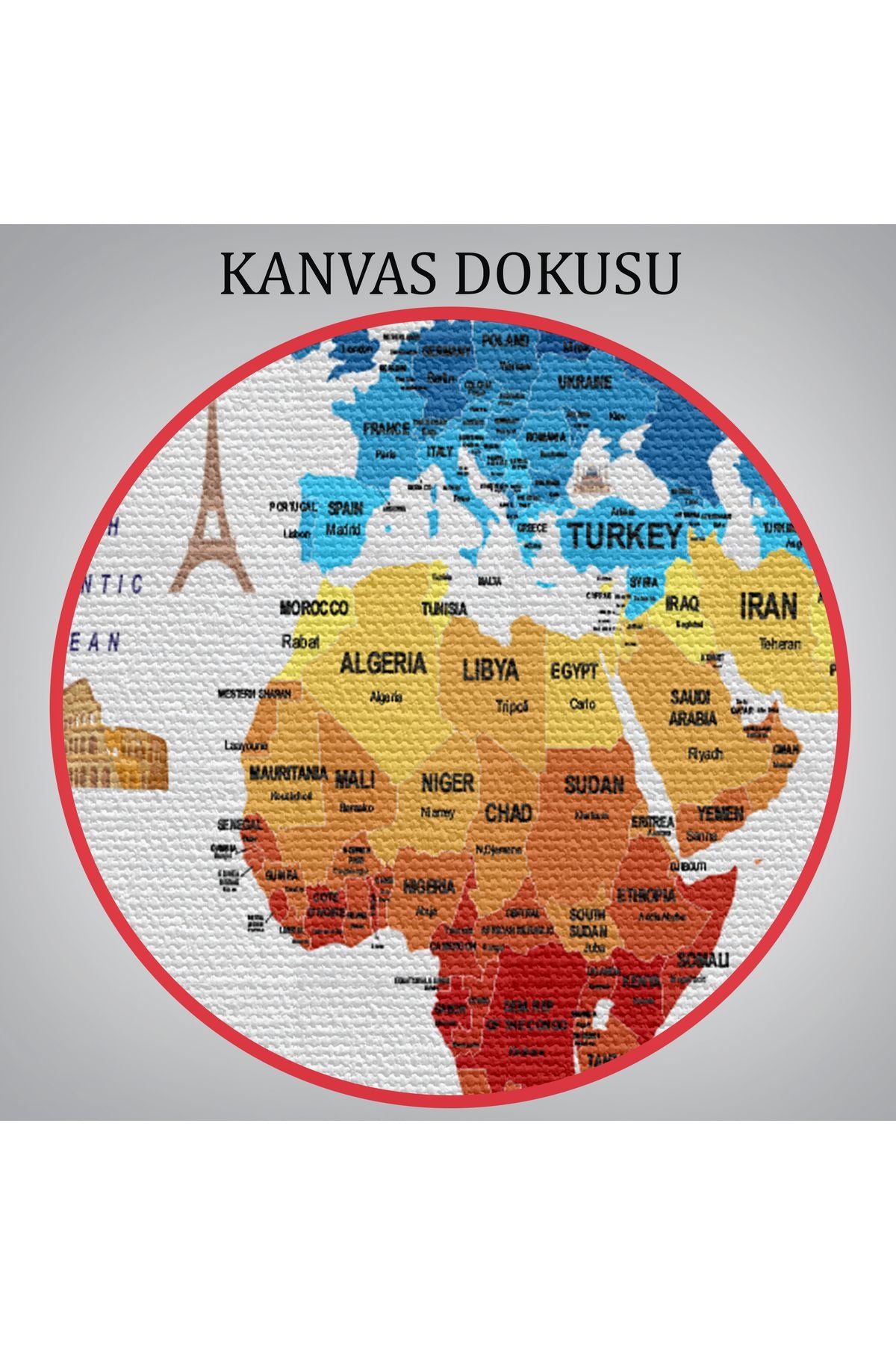 Dünya Haritası Dekoratif Kanvas Tablo Ülke ve Başkentli Öğretici ve Sembollü 2267
