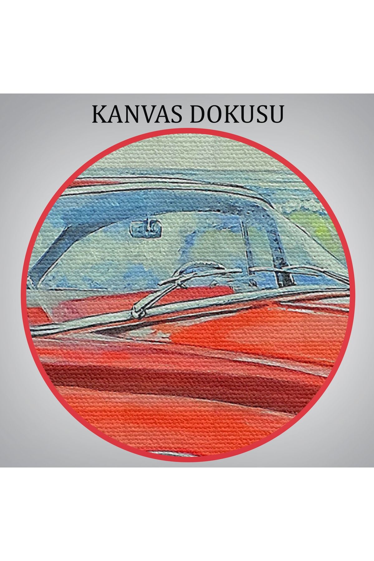 Kızmızı Retro Araba Yağlıboya Görünüm Dekoratif Kanvas Duvar Tablosu-3499