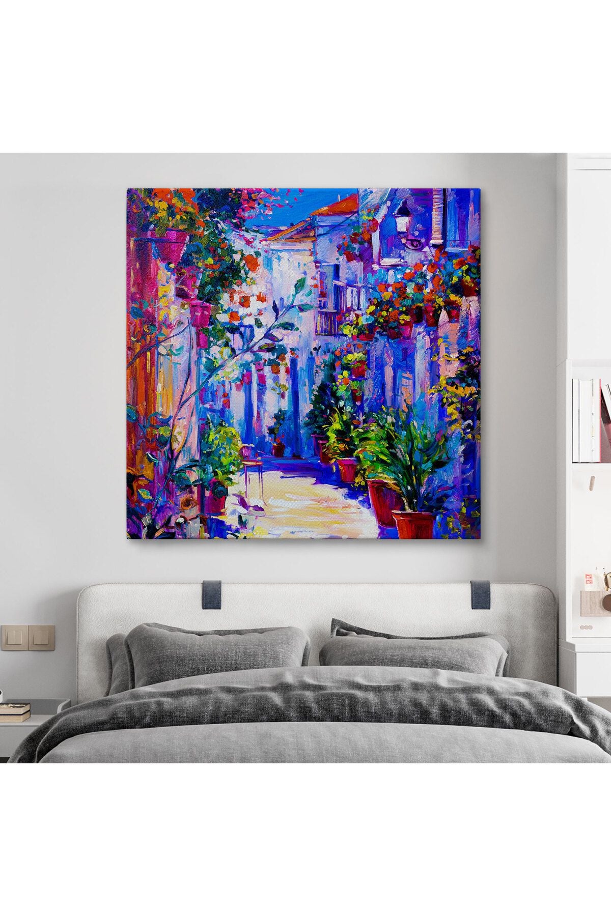 Çiçekli Sokak Yağlıboya Görünüm Dekoratif Kanvas Duvar Tablosu-5827