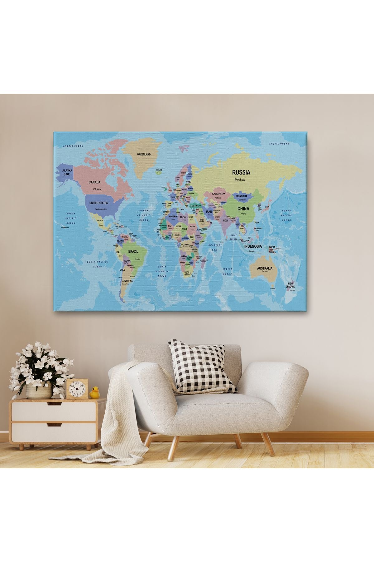 Dekoratif Duvar Tablosu-Ülke Başkentli Okyanuslu İngilizce Dünya Haritası Kanvas Tablo 2233