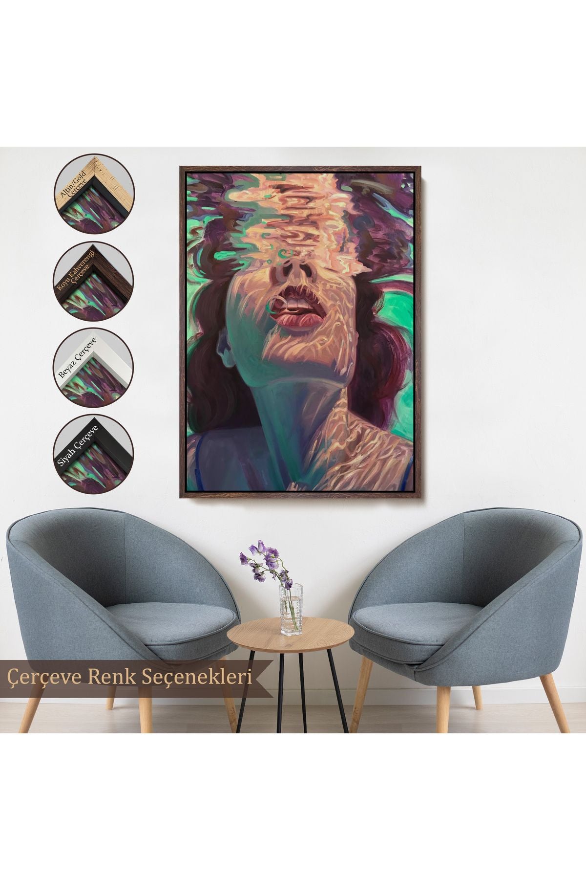 Çerçeveli Su Altında Kadın Kanvas Tablo, Sualtı Yağlıboya Tablo Efektli Tablo-5280