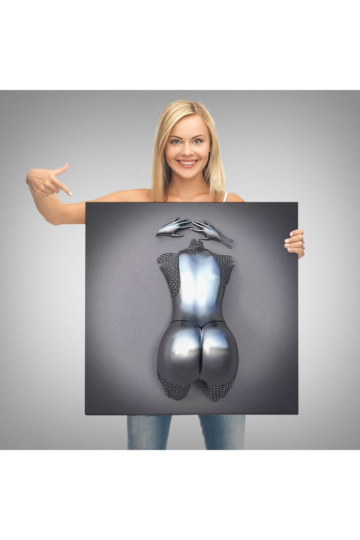 3D Efektli Gümüş İnsan, Gri Ve Gümüş Duvar Dekoru, Metalik Efektli Kanvas Tablo-5351
