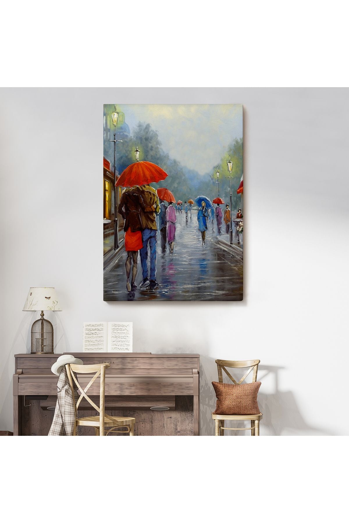 Yağmurda Yürüyen Romantik Çift Yağlıboya Görünüm Dekoratif Kanvas Duvar Tablosu-5943