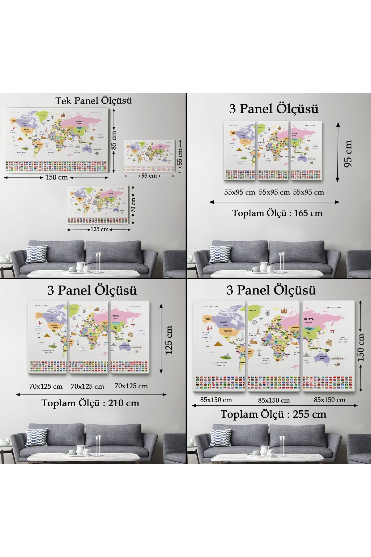 db01shp seri Türkçe Dünya Haritası Ülke Bayrak ve Başkentli Kanvas Tablo 1924