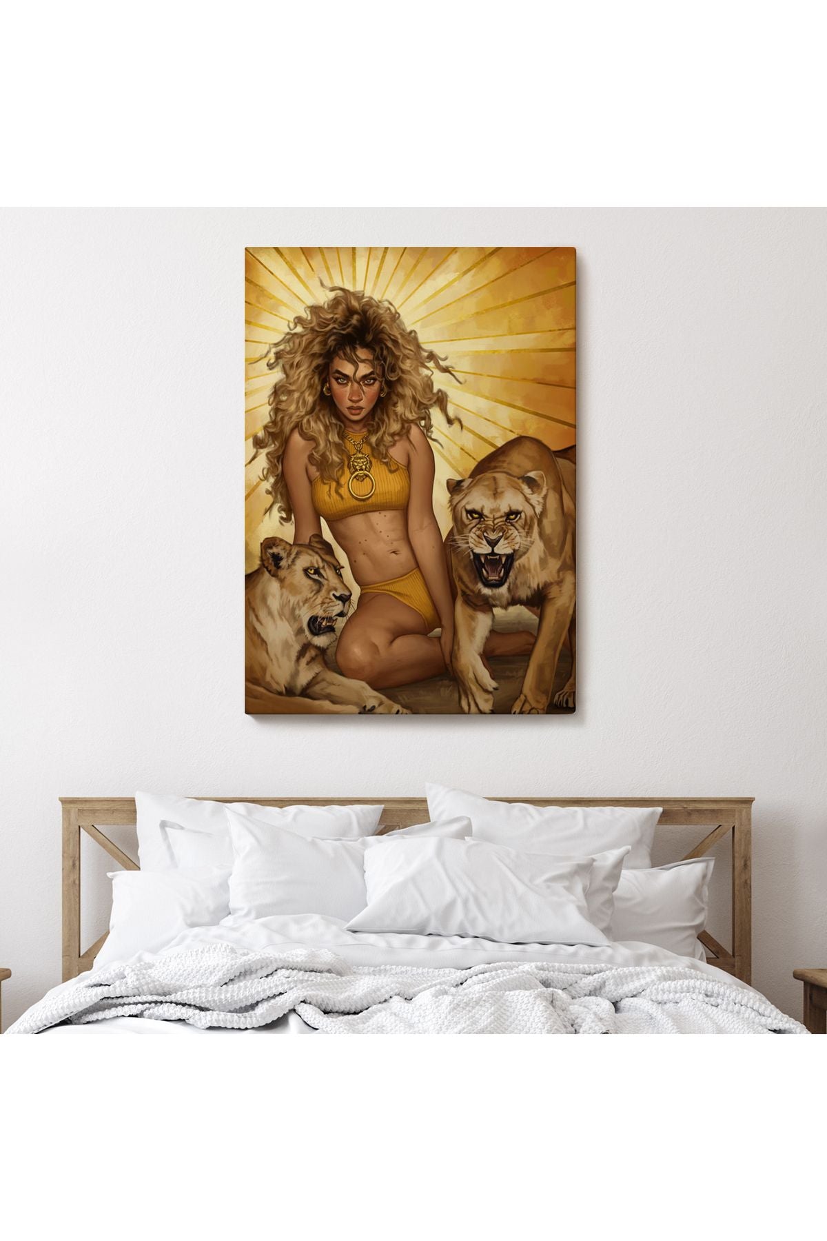 Aslanlarla Oturan Sarışın Vahşi Kadın Kanvas Tablo-5278