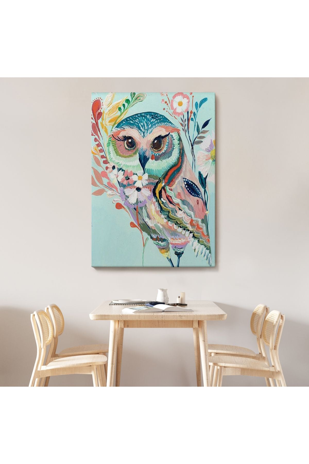 Çiçekler İçindeki Sanatsal Baykuş Tablosu-6208