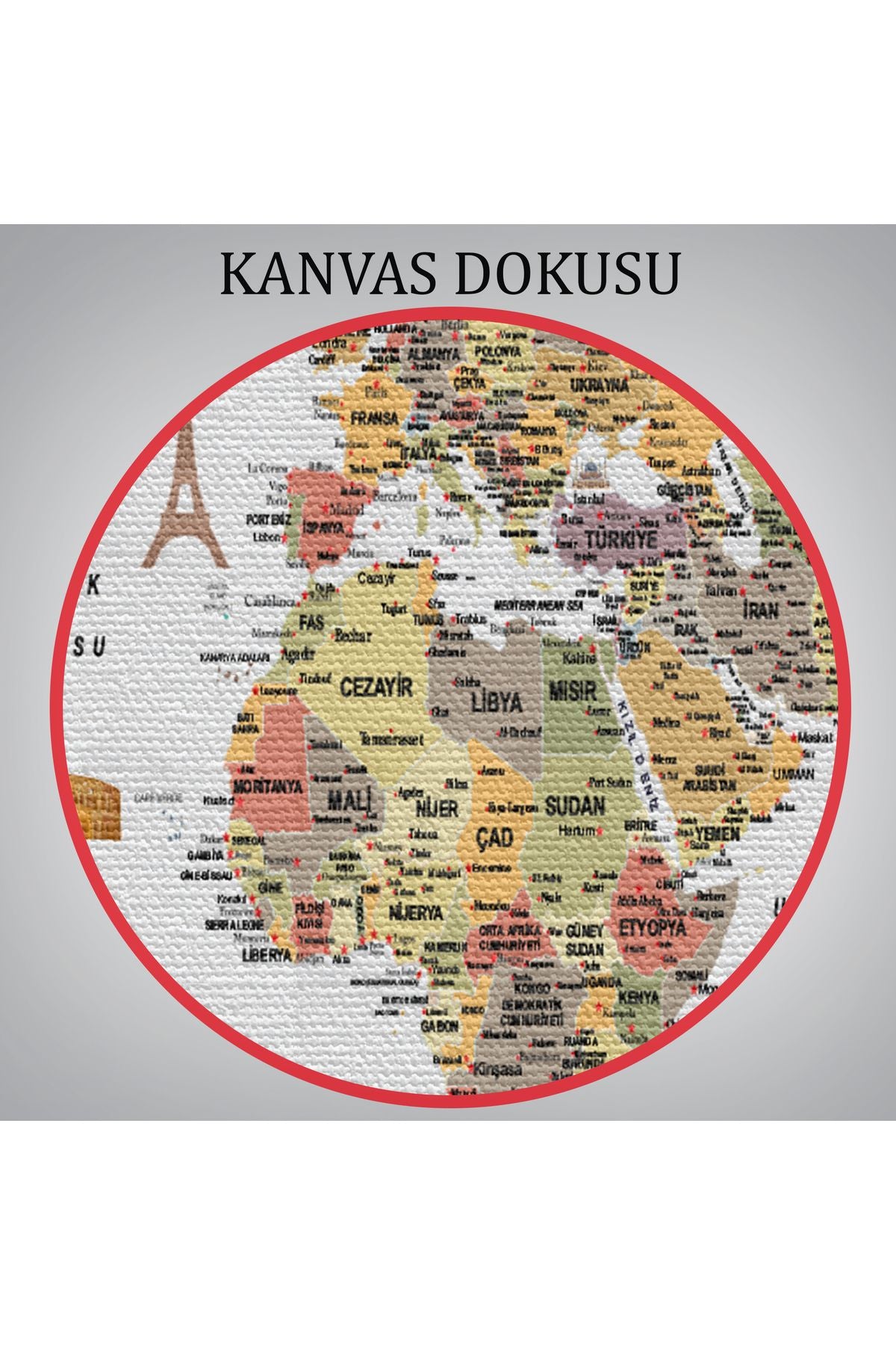 Türkçe Dünya Haritası Ayrıntılı Eğitici-Öğretici ve Sembollü Dekoratif Kanvas Tablo 3200