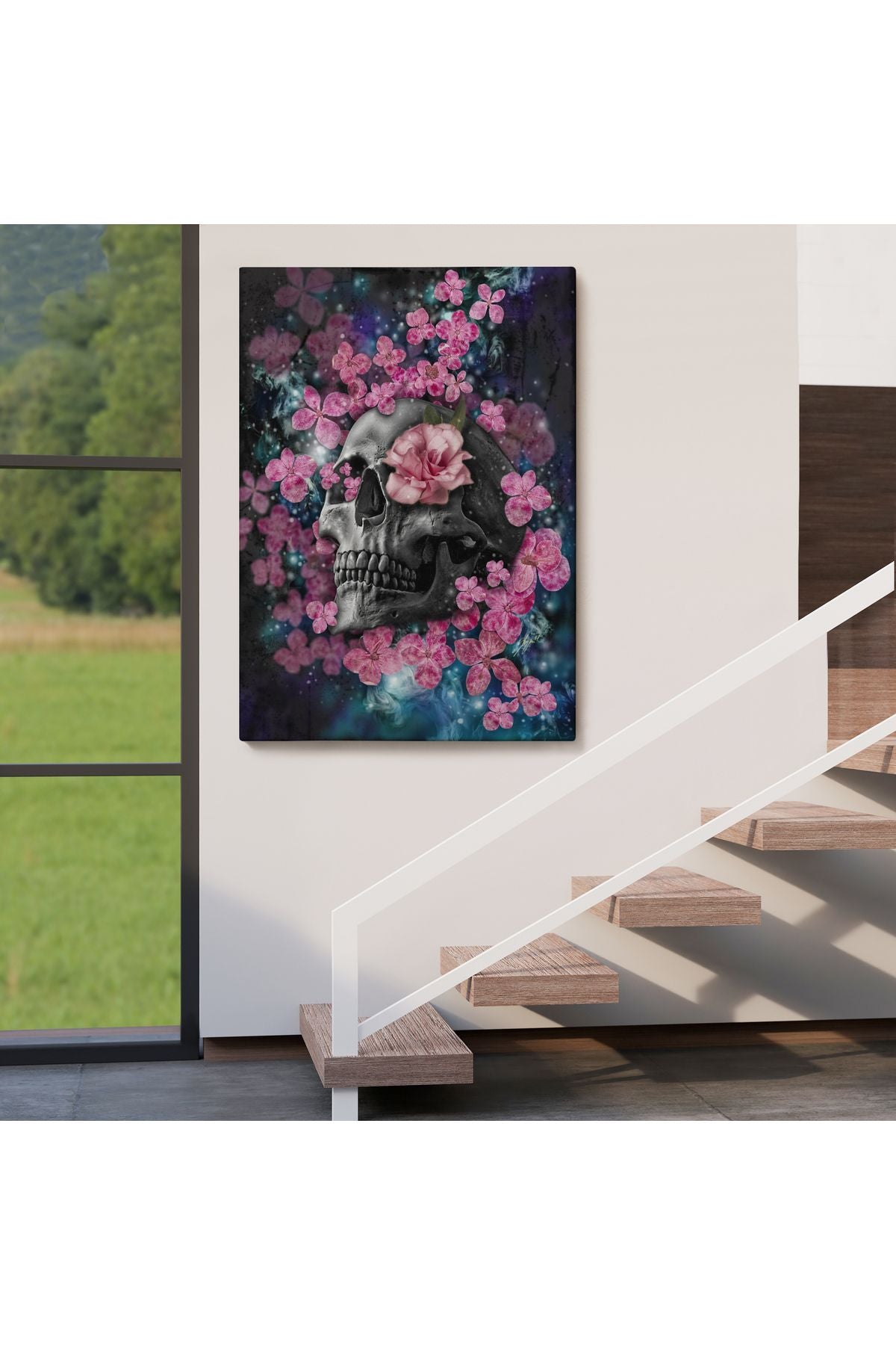SZ KVS1-Dekoratif Duvar Tablosu-Pembe Çiçekler ve İskelet Kafa Kanvas Tablo 5234
