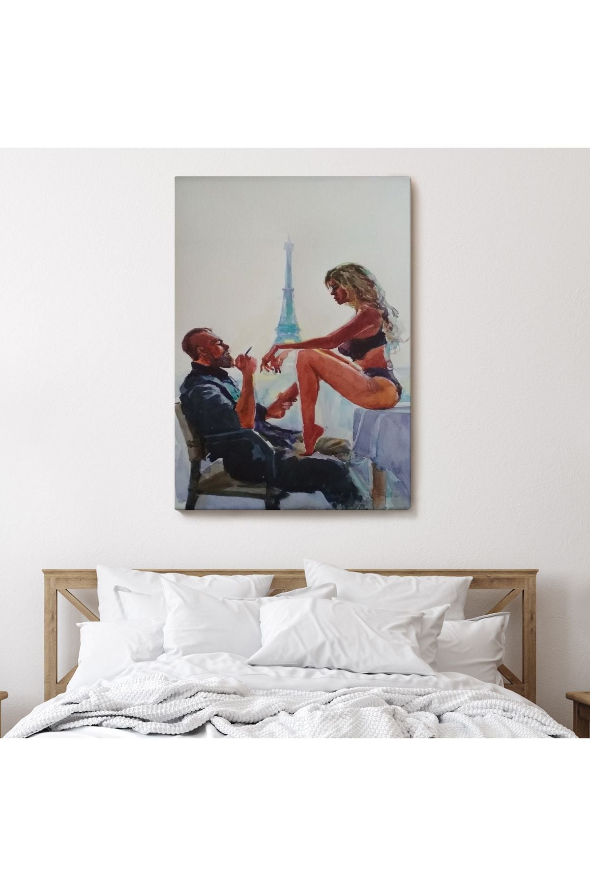Paris Eyfel Manzaralı Sevgililer Suluboya Görünümlü Duvar Tablosu-6298