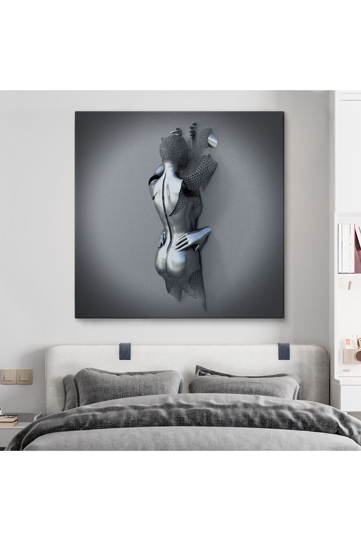 Aşk Sanatı, Gri ve Gümüş 3D Metalik Efektli Kanvas Tablo-5362