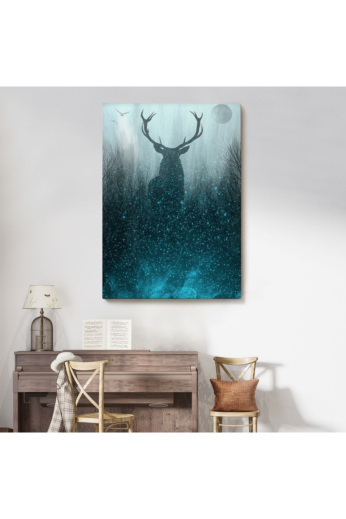 Geyiğin Gece Ormandaki Silüeti Duvar Tablosu-6369