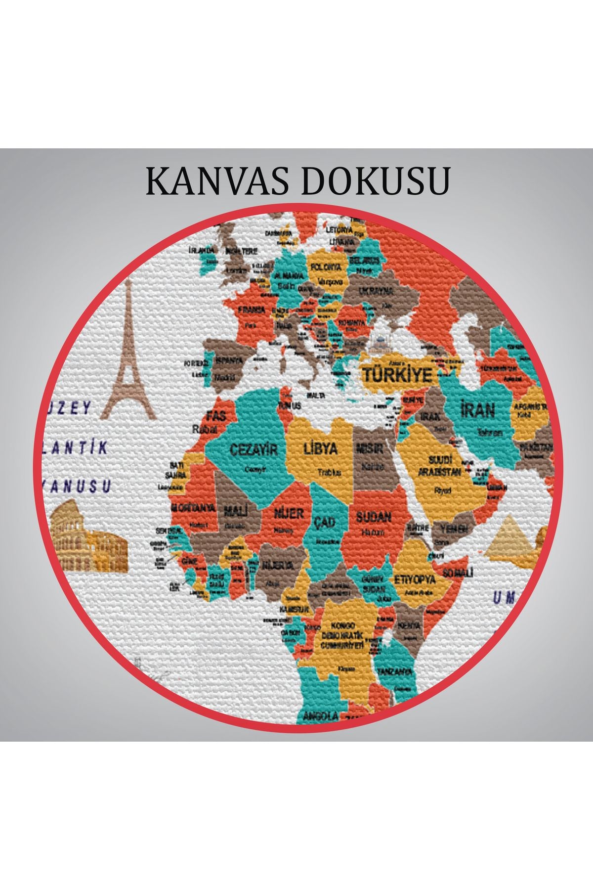 Türkçe Dünya Haritası Kanvas Tablo Ülke-Başkentli Öğretici ve Sembollü 2290