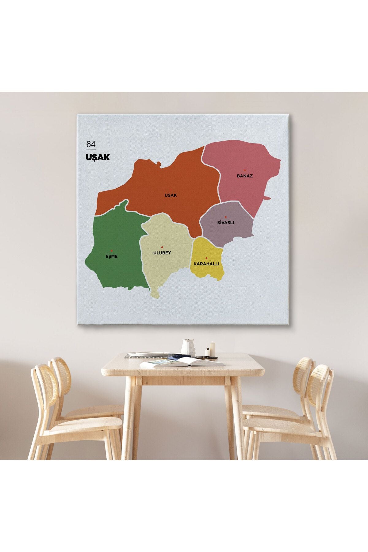 Uşak İli ve İlçeler Haritası Dekoratif Kanvas Tablo 1476