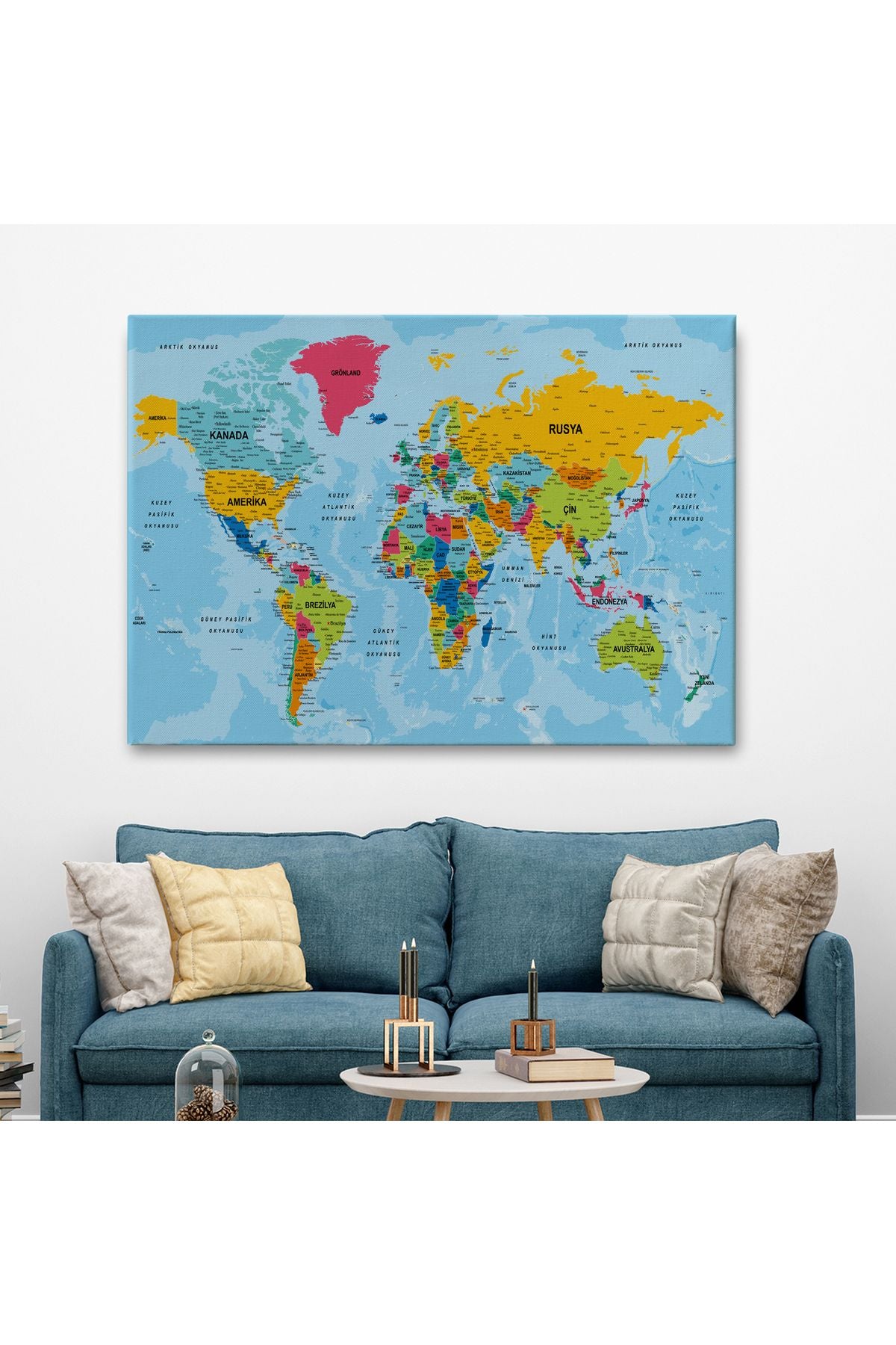 Dünya Haritası Türkçe Kanvas Tablo Ayrıntılı Dekoratif-Okyanuslu 2170
