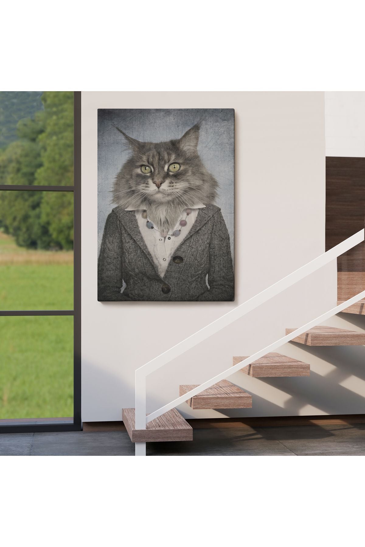 Özel Tasarım Kedi Kafalı İnsan Kanvas Tablo-4985