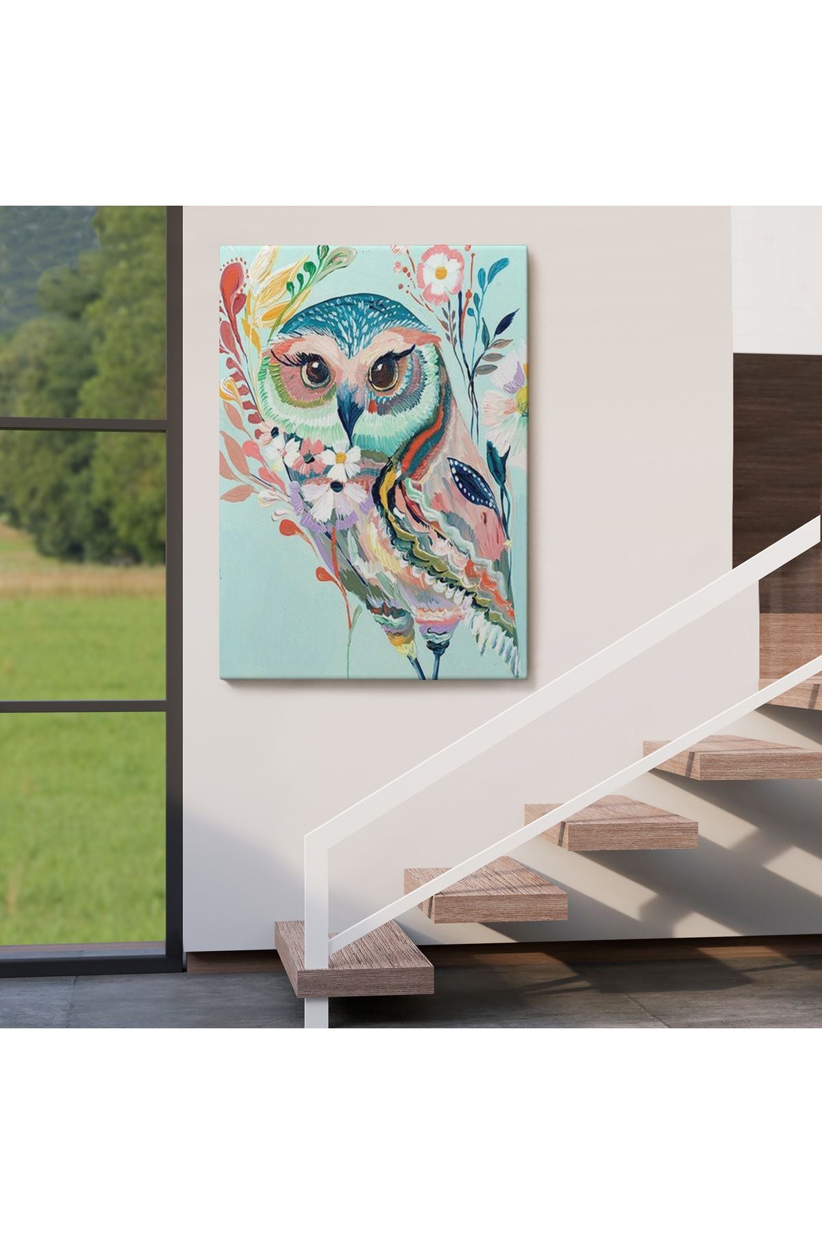 Çiçekler İçindeki Sanatsal Baykuş Tablosu-6208
