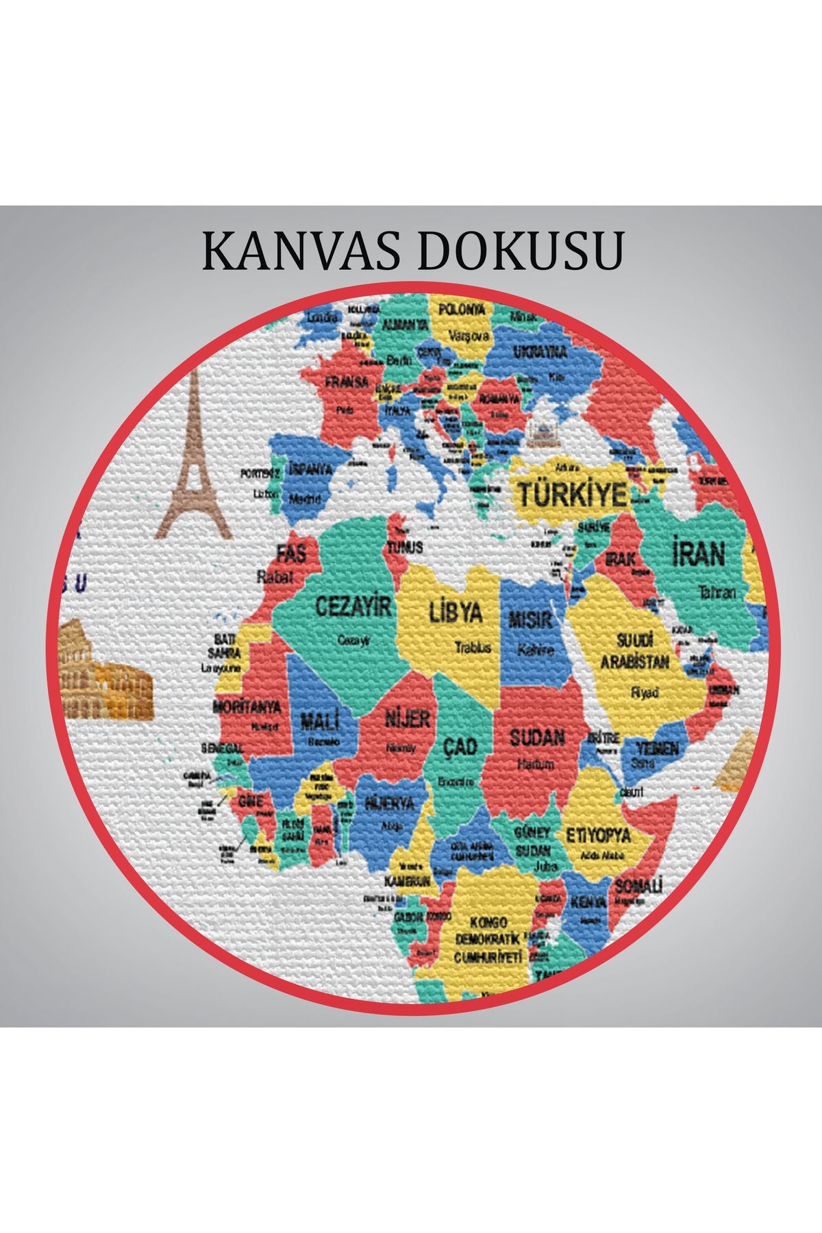 Türkçe Dünya Haritası Dekoratif Kanvas Tablo Ülke-Başkentli Öğretici ve Sembollü 2314