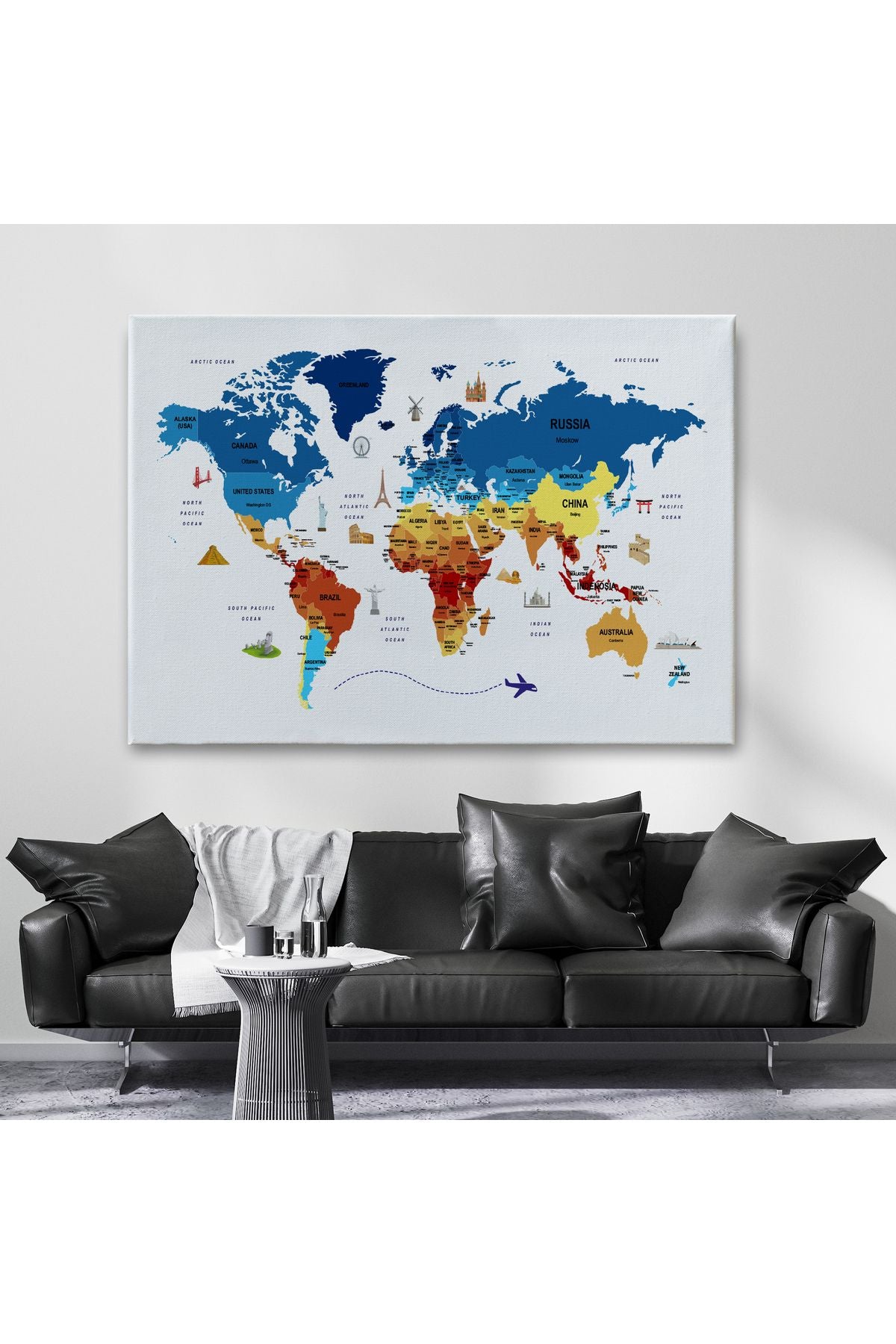 Dünya Haritası Dekoratif Kanvas Tablo Ülke ve Başkentli Öğretici ve Sembollü 2267