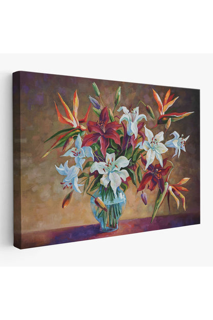 DB Zambak Çiçekleri Yağlıboya Görünüm Dekoratif Kanvas Duvar Tablosu-3602