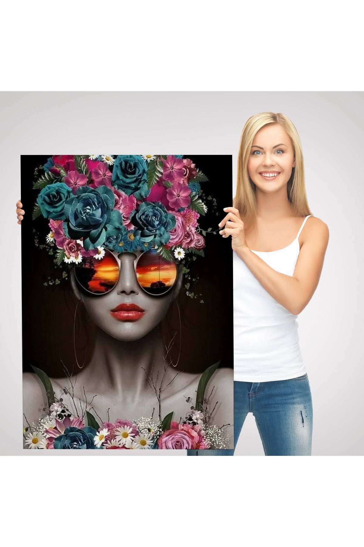 Renkli Çiçekler İle Güzel Kadın Dekoratif Duvar Tablosu -6188
