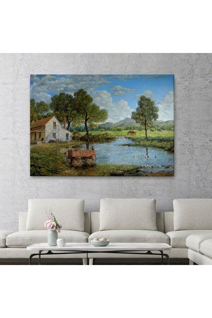 Köy Ve Akarsu Manzaralı Dekoratif Kanvas Duvar Tablosu-3425