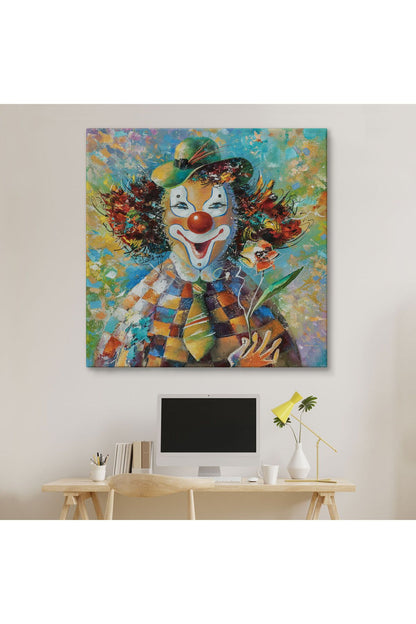 Bir Çiçekli Palyaço Yağlıboya Görünüm Dekoratif Kanvas Duvar Tablosu-5838