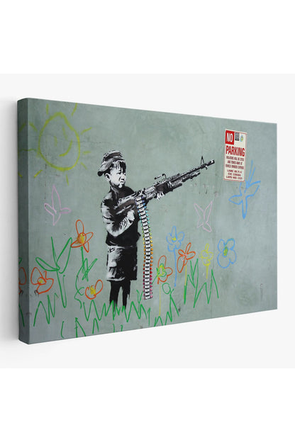 Bansky'nin Makineli Tüfekli Çocuk İsimli Eseri Kanvas Tablo, No Parking-5008