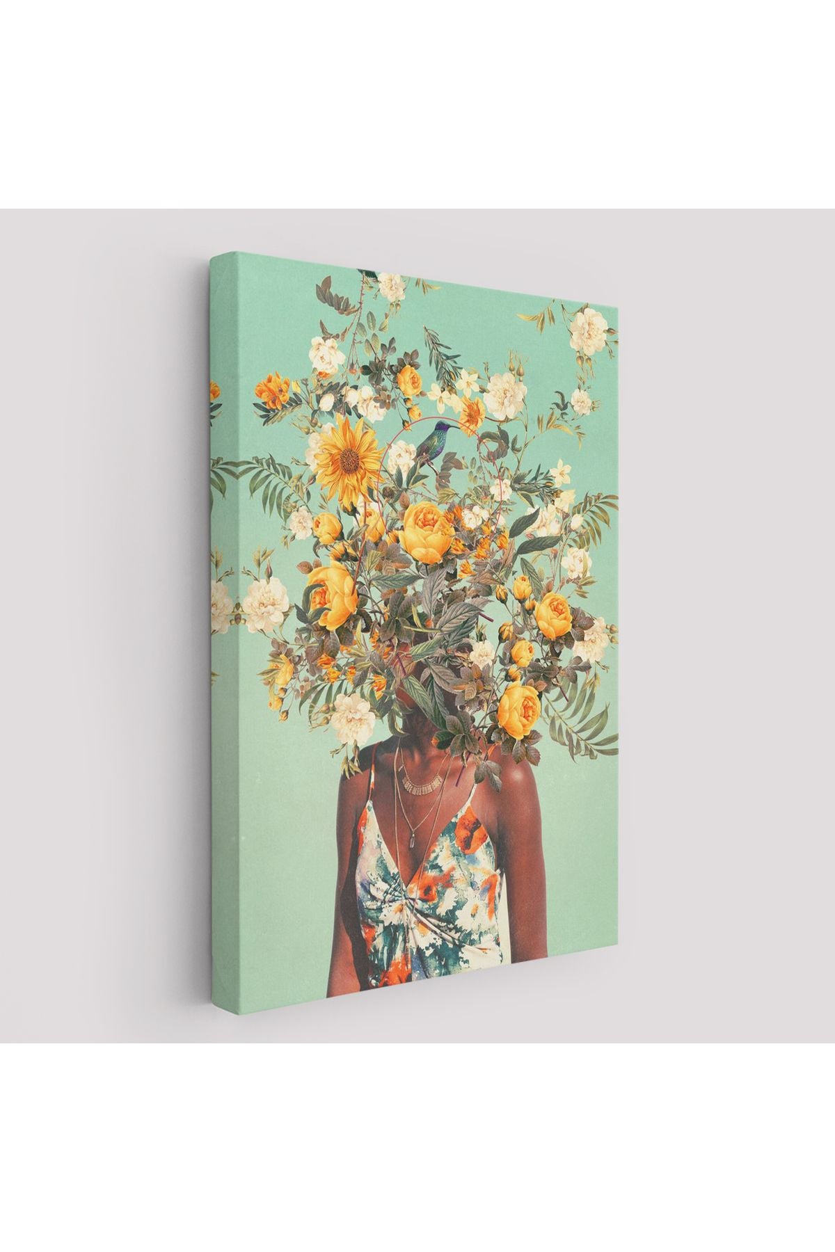 YB HG Çiçek Başlı Siyahi Kadın, Afrıkalı Kadın Kanvas Tablo -6079