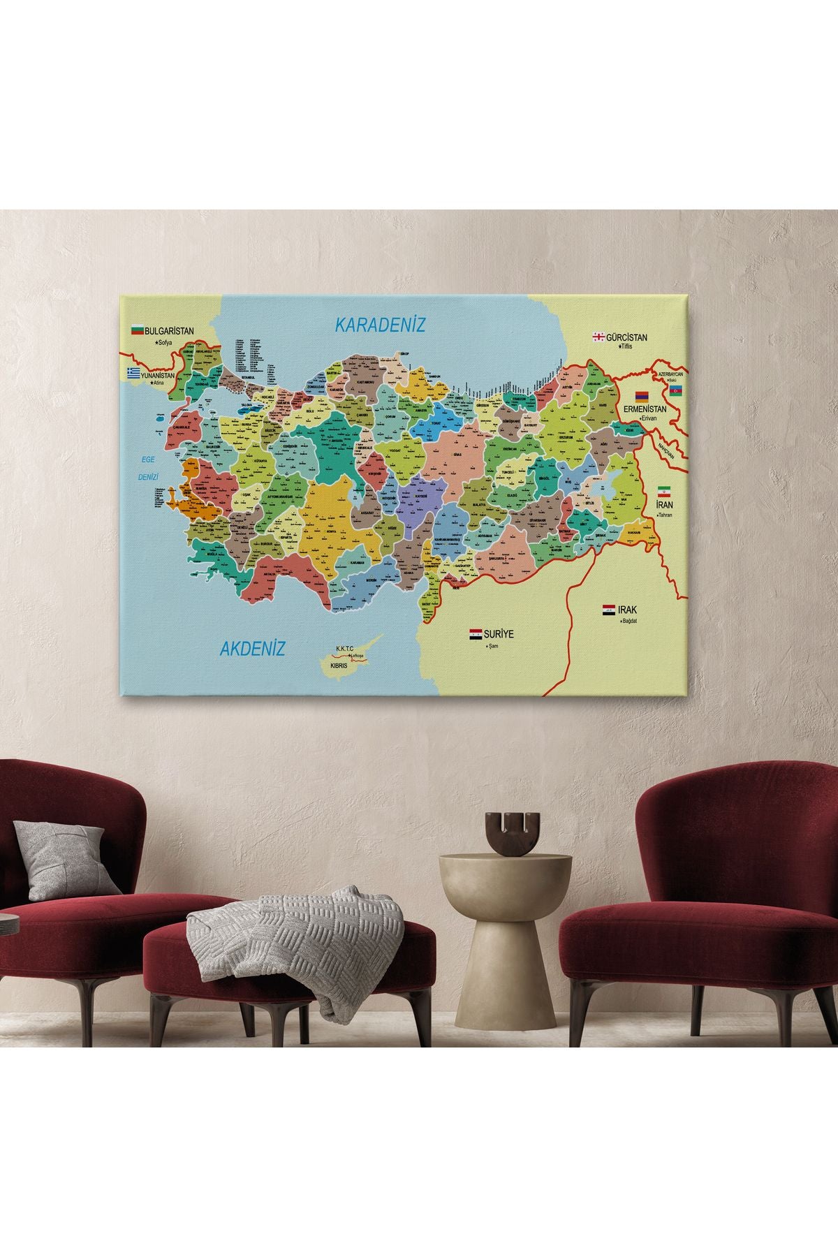 Türkiye Haritası Kanvas Tablo İl ve İlçeli Ayrıntılı Eğitici Komşulu Tablo 3006