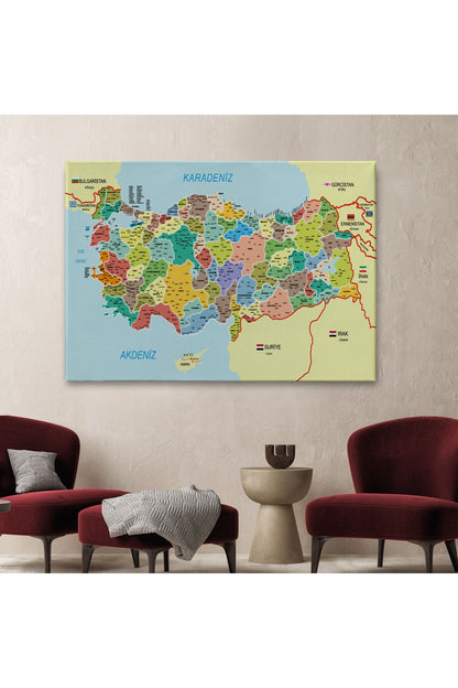 Türkiye Haritası Kanvas Tablo İl ve İlçeli Ayrıntılı Eğitici Komşulu Tablo 3006