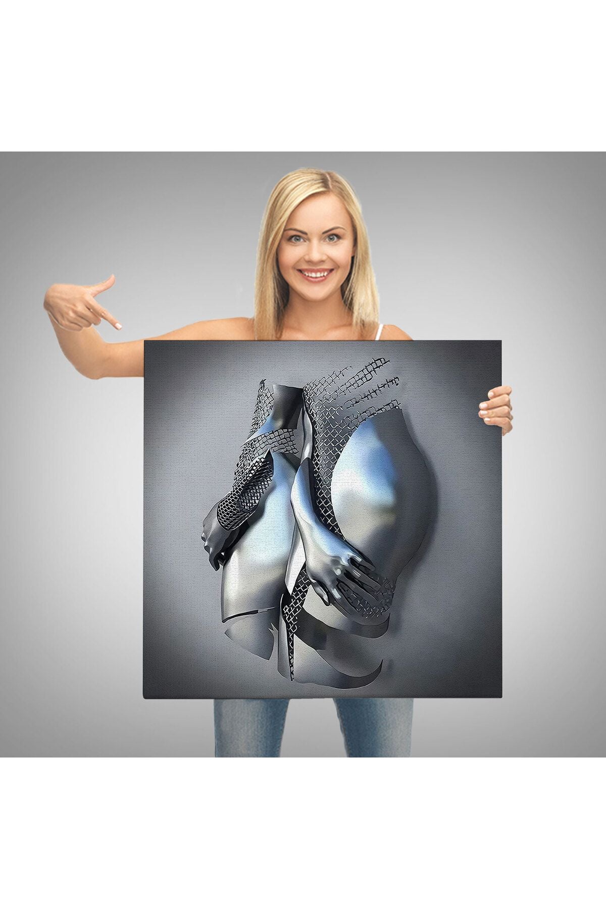 Romantik Beden, 3D Efekti Gri ve Gümüş İnsan Metalik Kanvas Tablo-5359