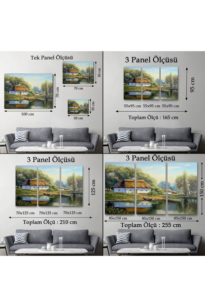 Göl Manzaralı Köy Evi Yağlıboya Görünüm Dekoratif Kanvas Duvar Tablosu-3510