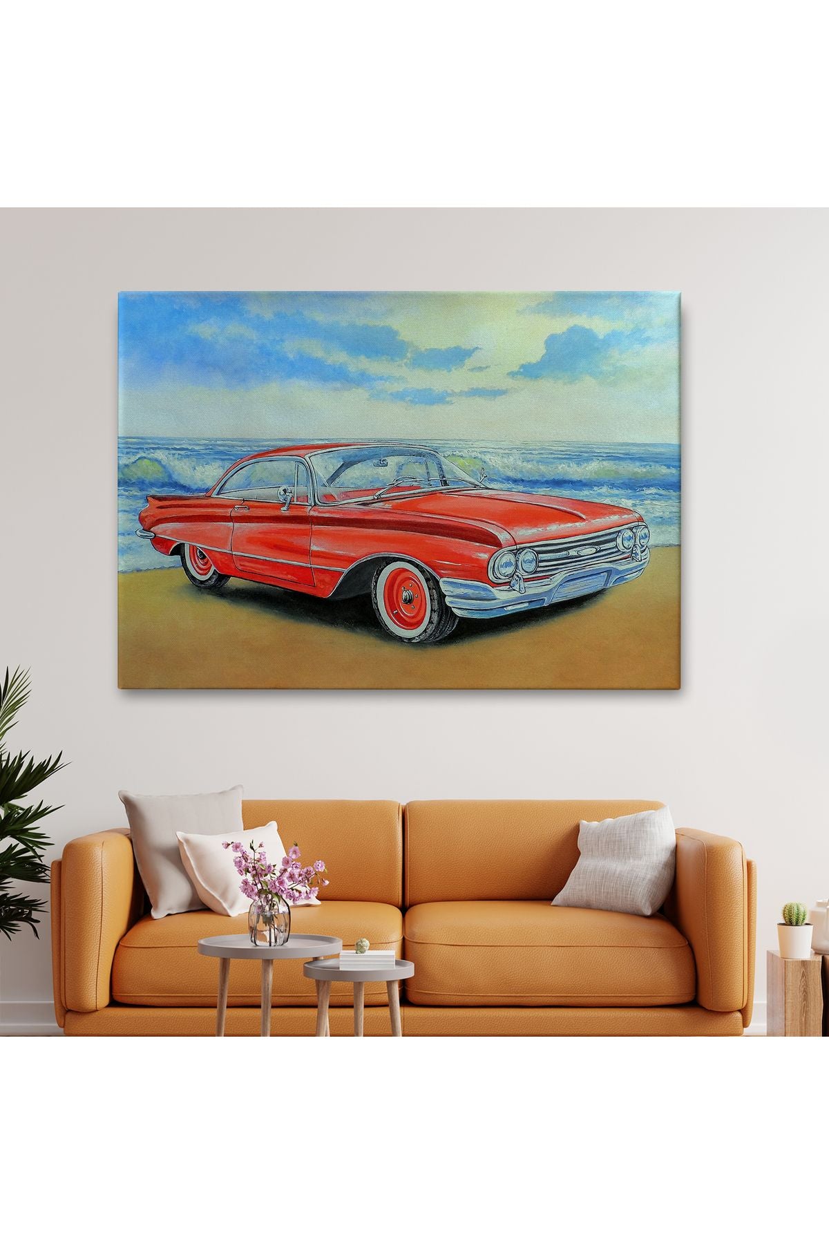 Kızmızı Retro Araba Yağlıboya Görünüm Dekoratif Kanvas Duvar Tablosu-3499