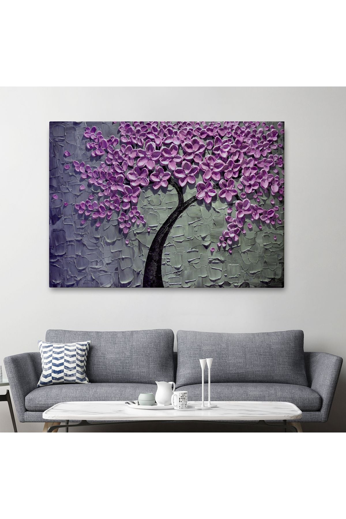 Pembe Çiçek Ağacı Yağlıboya Görünüm Dekoratif Kanvas Duvar Tablosu-3706