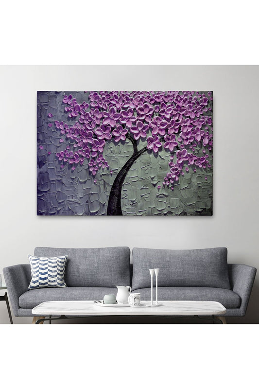 Pembe Çiçek Ağacı Yağlıboya Görünüm Dekoratif Kanvas Duvar Tablosu-3706
