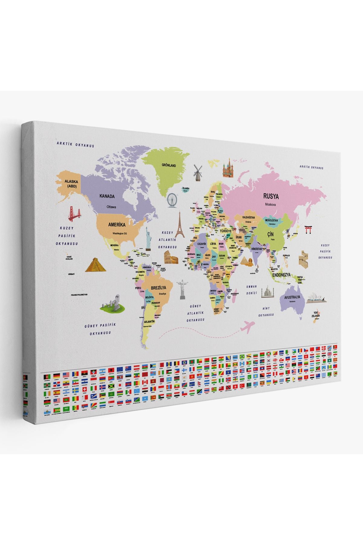 db01shp seri Türkçe Dünya Haritası Ülke Bayrak ve Başkentli Kanvas Tablo 1924