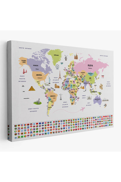 db01shp seri Türkçe Dünya Haritası Ülke Bayrak ve Başkentli Kanvas Tablo 1924
