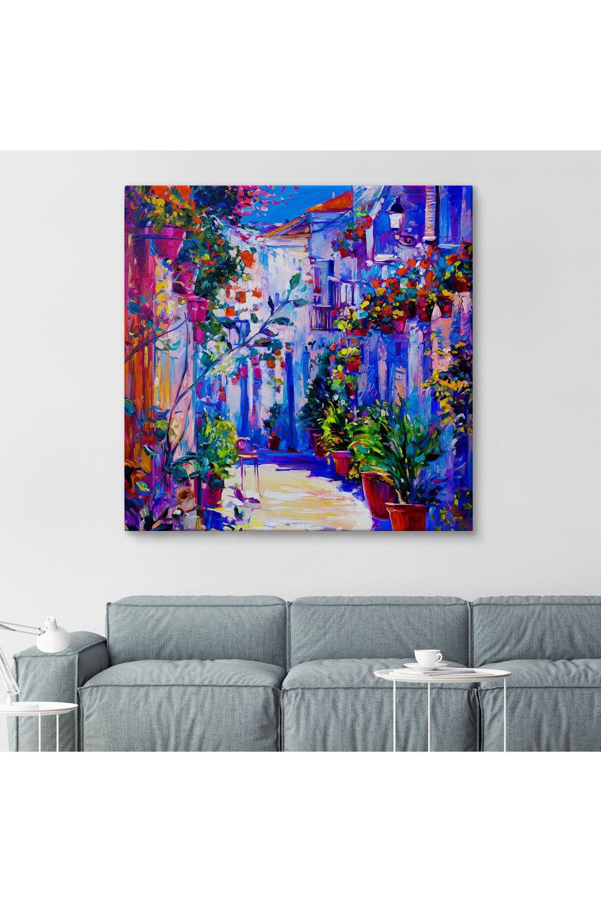 Çiçekli Sokak Yağlıboya Görünüm Dekoratif Kanvas Duvar Tablosu-5827