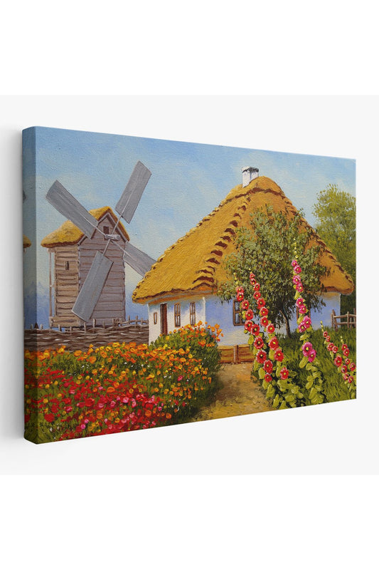 Köy Evi Manzarası Yağlıboya Görünüm Dekoratif Kanvas Duvar Tablosu-3654