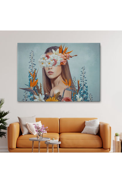 Çiçekler İçindeki Güzel Kadın Portresi Kanvas Tablo-5023