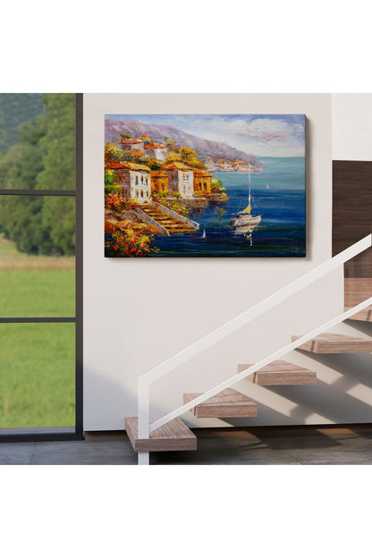 Yunanistan Harbor View Manzaralı Yağlıboya Görünüm Dekoratif Kanvas Duvar Tablosu-3532
