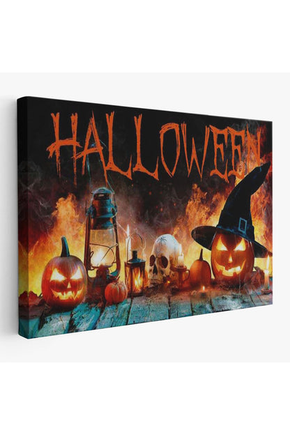 İskelet Kafa ve Oymalı Kabaklar Cadılar Bayramı Dekoratif Duvar Tablosu-5198
