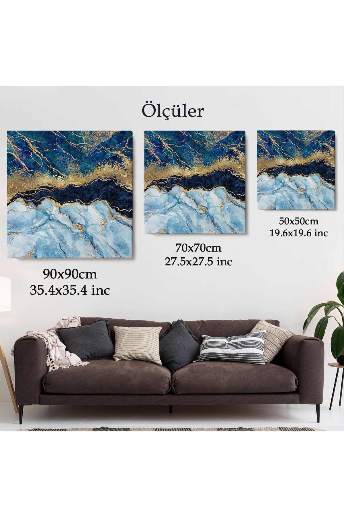 Mavi ve Gold'un Müthiş Uyumu Mermer Görünümlü Modern Kanvas Tablo-5061