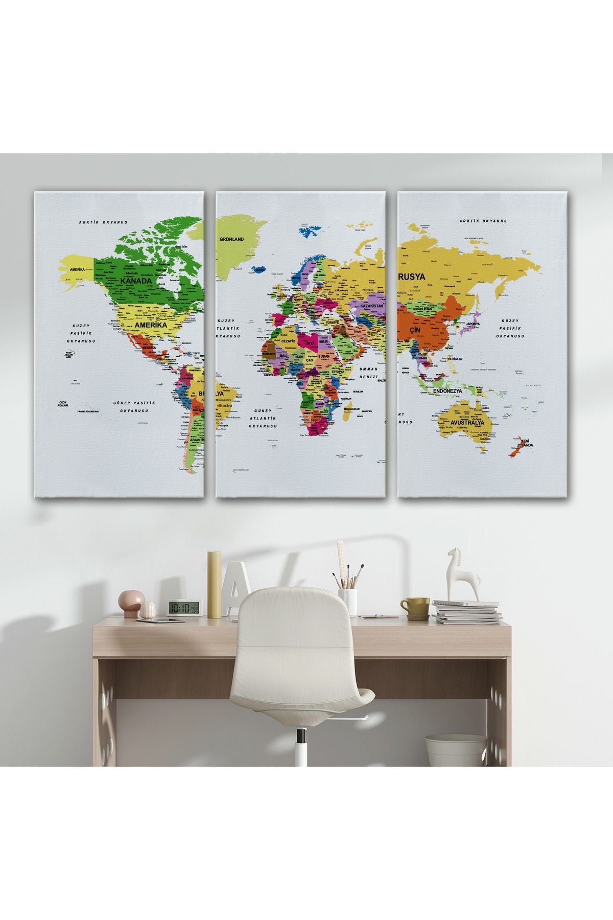 Türkçe Dünya Haritası Dekoratif Kanvas Tablo Son Derece Detaylı 1614