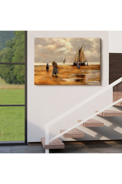 Balıkçılar ve Sahildeki Yelkenli Duvar Tablosu-3548